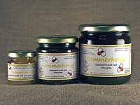 Dunkler,
 flüssiger Sommerhonig im 60g-,
 250g- und 500g-Glas